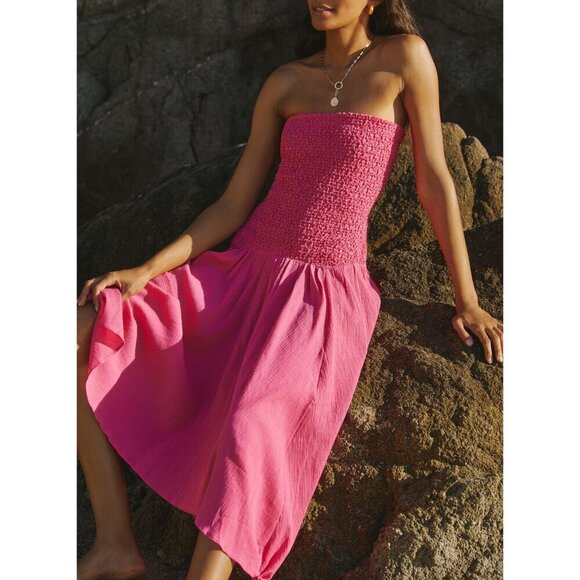 ✨ Anthropologie Strapless Smocked Cover Up Gauze Dress Hot Pink XS/ S - Picture 3 of 14